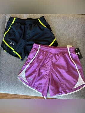 Under Armour black w/yellow, size S and purple w/white, size XS Athletic Shorts